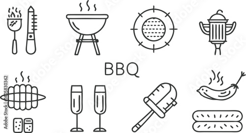 BBQ Party Icons Grill, Food, Drinks, and Utensils