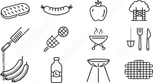 Grilling Icons Barbecue Utensils, Food, and Drink Set