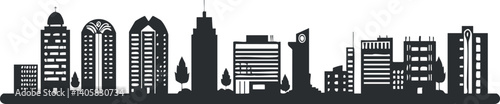 A minimalist black silhouette of a modern city skyline featuring various architectural styles.