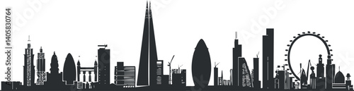 A silhouette of a modern city skyline featuring iconic buildings and landmarks.