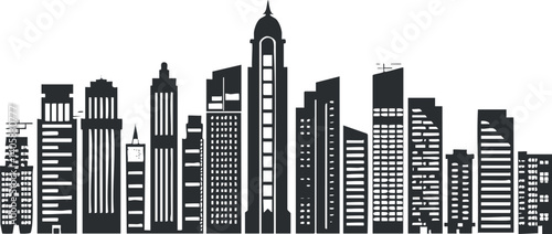Stylized black silhouette of a city skyline with various building shapes and heights.