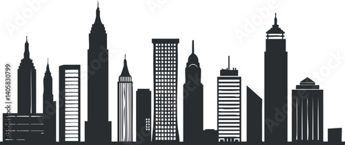 Silhouette of a modern city skyline featuring various architectural styles and structures.