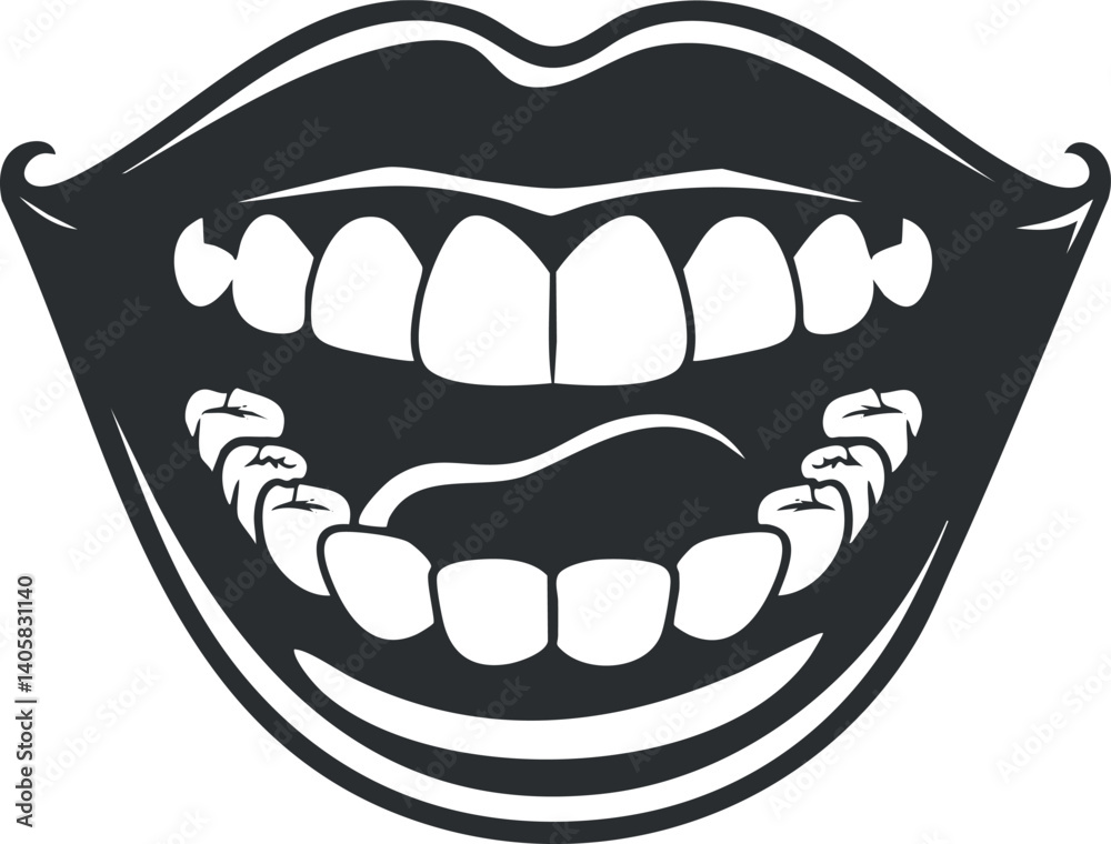 Naklejka premium A graphic illustration of an open mouth showcasing a bright smile with visible teeth.