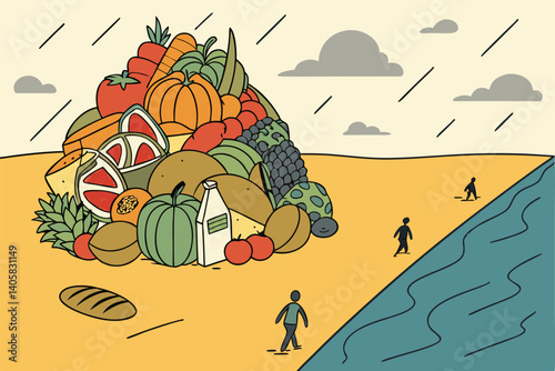 14 Surreal landscape, giant pile of colorful food, fruits and vegetables, bread, dairy products, ocean divide, barren field, tiny human figures, cloudy sky, contrast between abundance and scarcity, di