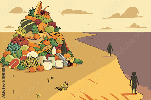 14 Surreal landscape, giant pile of colorful food, fruits and vegetables, bread, dairy products, ocean divide, barren field, tiny human figures, cloudy sky, contrast between abundance and scarcity, di