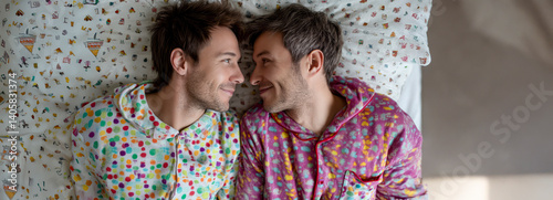 Affectionate Morning: Gay Couple in Pajamas Sharing Cozy Moments