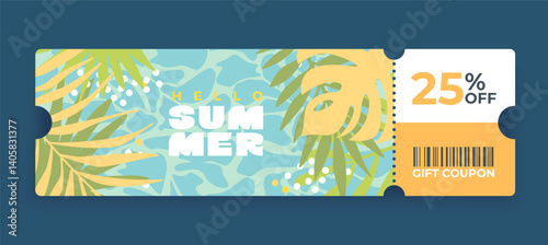 Per cent off sale voucher coupon with sea and tropical leaves and greeting summer,gift voucher.Template discount coupons tickets card for web,design,social media,business promo,online purchases.Vector