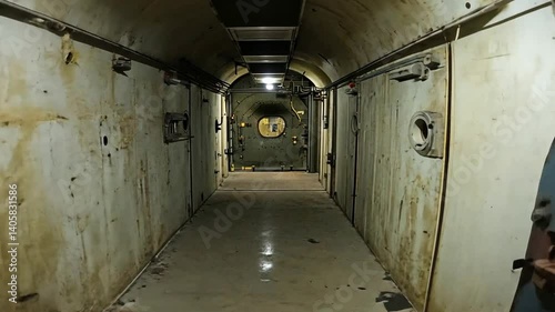 Exploring a dimly lit, curved underground passage with heavy metal doors