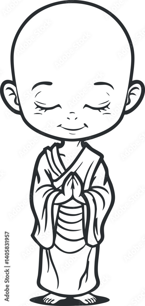 A smiling cartoon monk character in traditional robes embodying peace and serenity. A smiling cartoon monk character in traditional robes embodying peace and serenity.