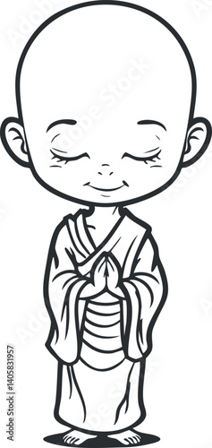 A smiling cartoon monk character in traditional robes embodying peace and serenity.