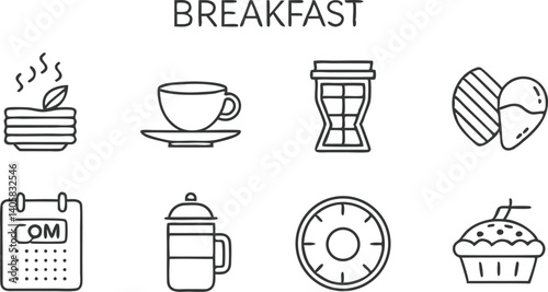 Breakfast Icons Coffee, Tea, Pancakes, Pastry, Time, French Press