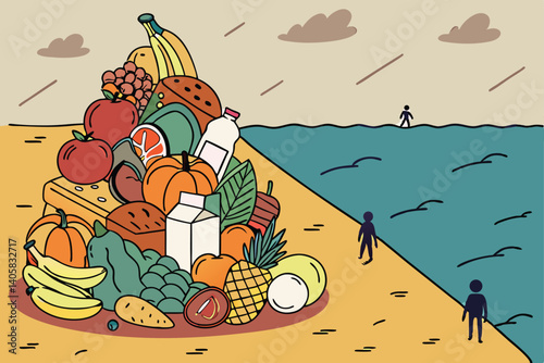 14 Surreal landscape, giant pile of colorful food, fruits and vegetables, bread, dairy products, ocean divide, barren field, tiny human figures, cloudy sky, contrast between abundance and scarcity, di