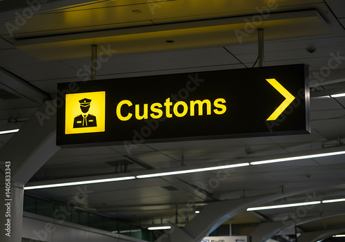 The bright yellow customs sign in an airport terminal guides travelers to the right direction for inspection.