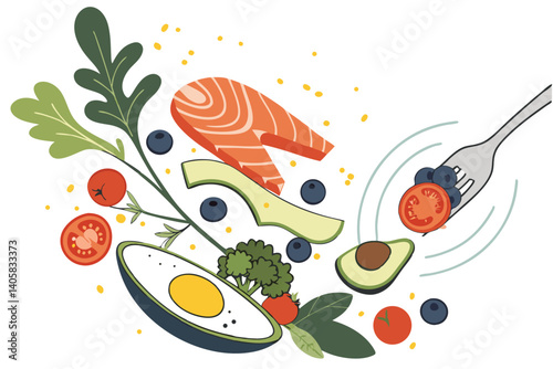 15 Colorful food ingredients balanced on a fork, healthy eating concept, vibrant vegetables and proteins, fried egg, salmon, avocado, broccoli, tomatoes, blueberries, photorealistic, high detail, stud
