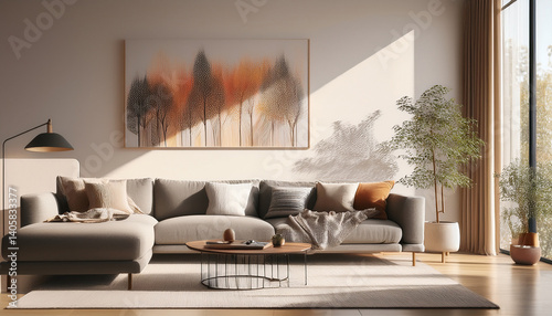 modern living room with sunlit artwork and cozy gray sofa