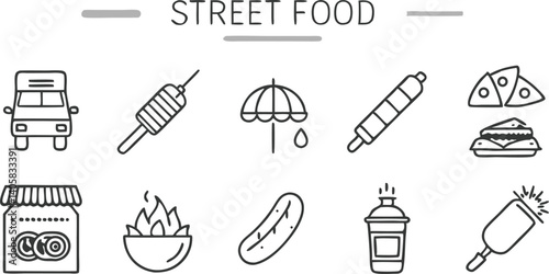 Street Food Icons Truck, Kebab, Umbrella, Pizza, Sandwich