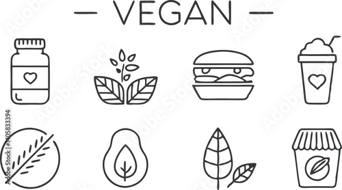 Vegan Food Icons PlantBased Diet, Healthy Lifestyle, Veggie Burger