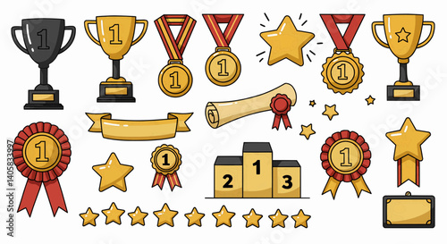 A collection of cartoon awards and accolades rendered in bold, black-outlined, glossy primary and secondary colors with vibrant gradients. Vector illustration