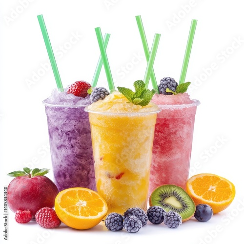 Colorful slushie drinks topped with fruits and served with green straws, high-resolution image on white background