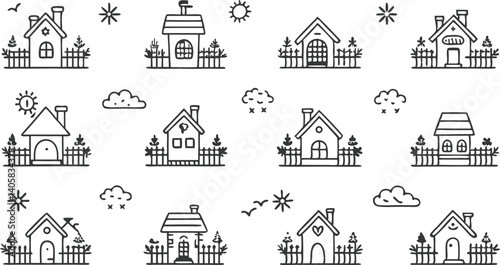 Cute HandDrawn House Illustrations Suburban Homes, Fences, and Nature