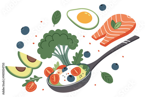 15 Colorful food ingredients balanced on a fork, healthy eating concept, vibrant vegetables and proteins, fried egg, salmon, avocado, broccoli, tomatoes, blueberries, photorealistic, high detail, stud