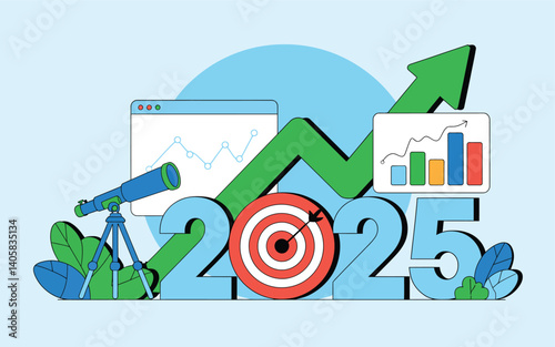 Business Growth Concept 2D Illustration with Upward Graph Green Arrow Target Bar Chart Flat Design Vector Graphics for Digital Marketing and Financial Forecast in 2025