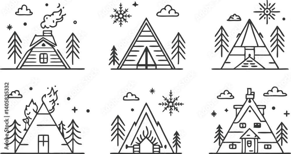 Geometric Mountain Cabin Line Art Winter, Summer, Fire, Snow Geometric Mountain Cabin Line Art Winter, Summer, Fire, Snow