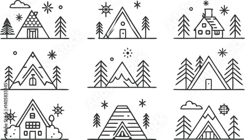 Mountain Cabin AFrame House Winter Snow Line Art Icons