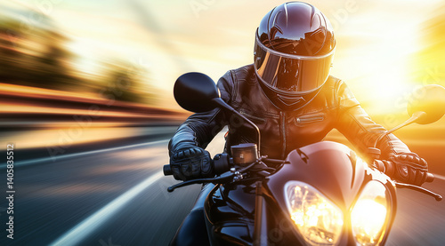 a motorcyclist rides along the road, a first-person view. The concept of joy from movement and pleasure from riding a motorcycle