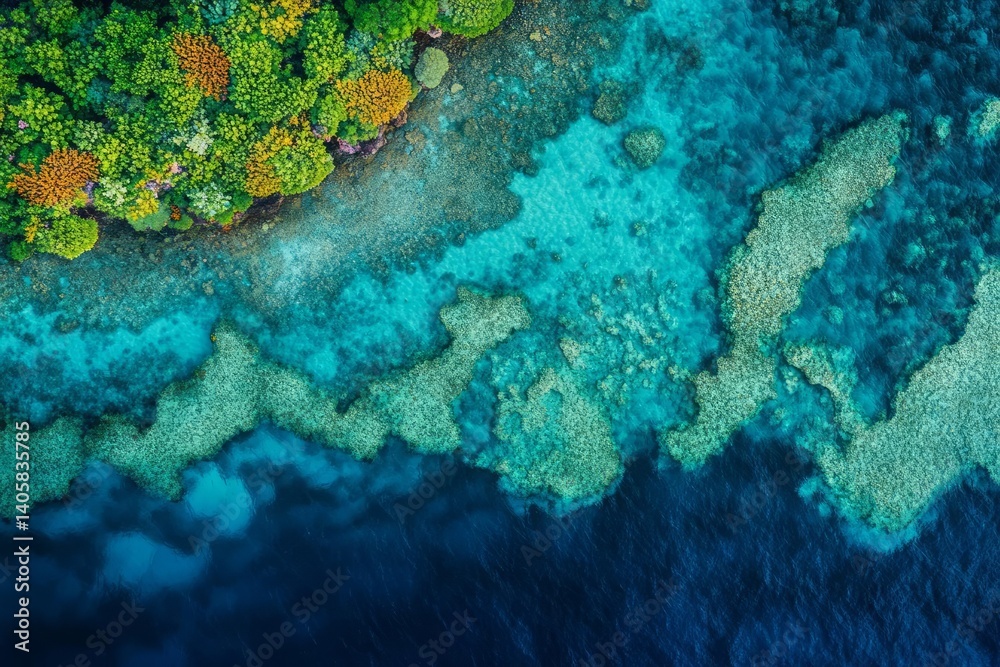 Aerial view of a lush green coastal forest meeting vibrant turquoise shallows teeming with coral formations, transitioning to deeper, darker blue ocean water Aerial view of a lush green coastal forest meeting vibrant turquoise shallows teeming with coral formations, transitioning to deeper, darker blue ocean water