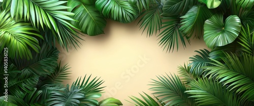 Lush green tropical leaves frame a soft beige background, creating a natural and inviting space