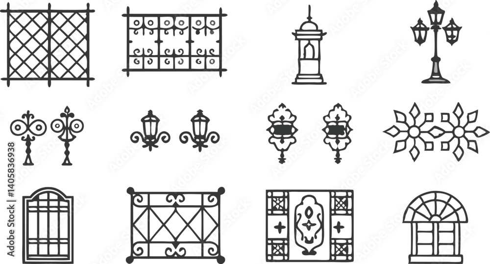 Ornate Architectural Design Elements Gates, Windows, and Lampposts