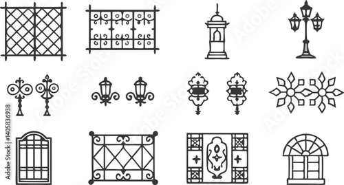 Ornate Architectural Design Elements Gates, Windows, and Lampposts