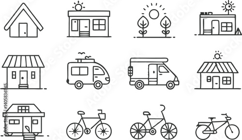 House, Campervan, Bicycle Icons Travel, Home, and Adventure