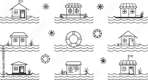 FloodAffected Houses, Boats, and Life Preservers Amidst Virus