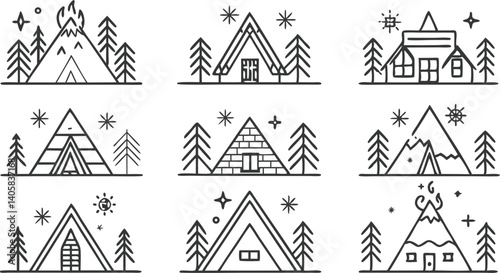 Mountain Cabin Tent Icons Winter Camping Line Art Designs