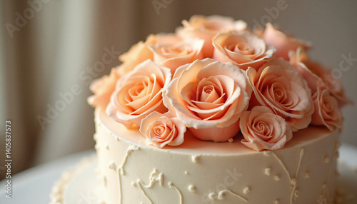 Rose Festival Cake with Peach Roses in Elegant Setting  