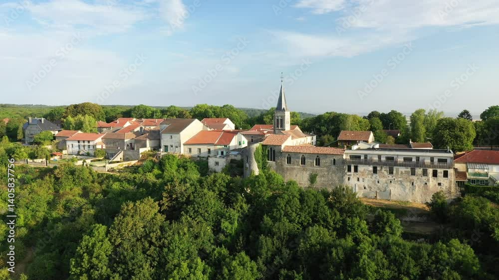 The historic center of Hattonchatel in Europe, France, in the Grand Est, in Meuse, in summer, on a sunny day. 