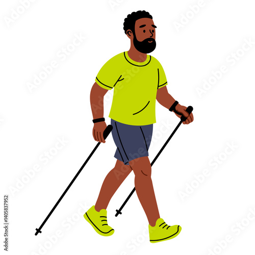 Man doing Nordic walking with trekking poles. Concept of endurance, low-impact cardio, and healthy routine. Flat vector illustration.