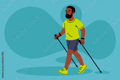 Male walking with poles outdoors. Concept of endurance and low-impact fitness.