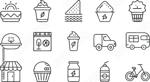 Food Truck Delivery Service Icons of Snacks, Drinks, and Transport