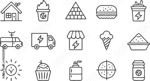 Diverse Icon Set Home, Fire, Food, Energy, and More