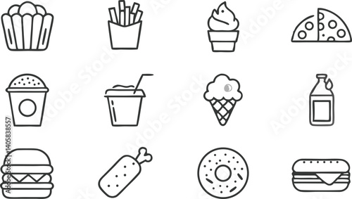 Fast Food Icons Pizza, Burgers, Fries, Ice Cream, and More