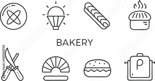 Bakery Shop Icons Bread, Pastry, Cake, and Baking Tools