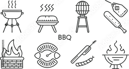 BBQ Grill Icons Charcoal, Smoker, Fire, Sausage, Tools