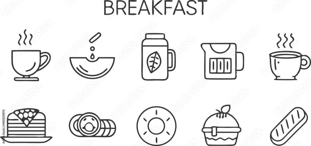 Breakfast Menu Icons Coffee, Tea, Pancakes, Bread, and More