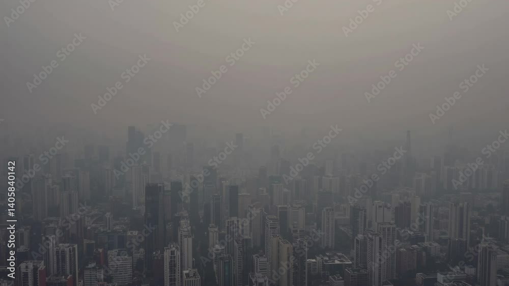 Aerial video captures a sprawling cityscape shrouded in dense fog, emphasizing urban density and atmospheric mood from a high angle. Live desktop wallpaper.
