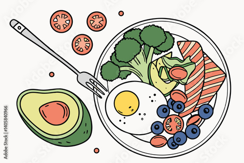 16 Colorful healthy food arrangement, balanced diet concept, fork holding various ingredients, fried egg, salmon, avocado, broccoli, tomatoes, blueberries, circular composition, white background, real