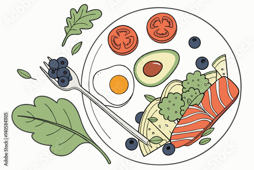 16 Colorful healthy food arrangement, balanced diet concept, fork holding various ingredients, fried egg, salmon, avocado, broccoli, tomatoes, blueberries, circular composition, white background, real