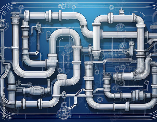 white plumbing pipes and connections blueprint on blue background generative ai